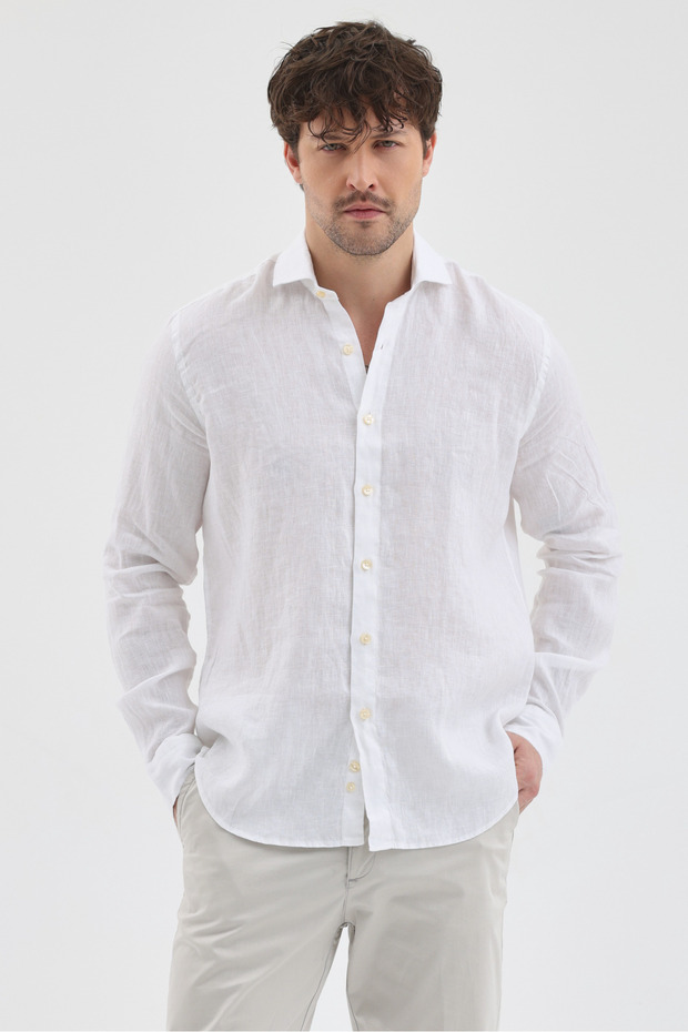 Hulex Men's Regular Fit 100% Linen Plain Long Sleeve White Shirt