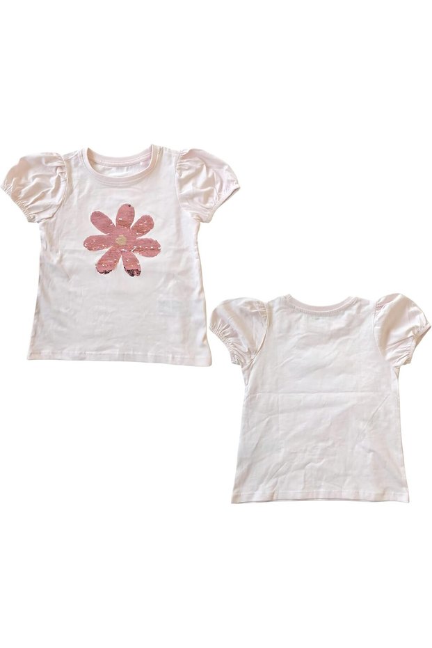Baby Girls Sequin Flower Top | Glitter Short Sleeve Shimmer Shirt | Baby Girls Dress Style Top