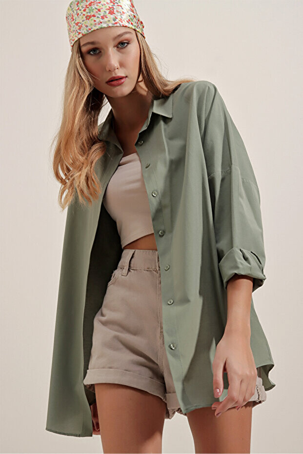Kadın Haki Oversize Uzun Basic Gömlek - 3
