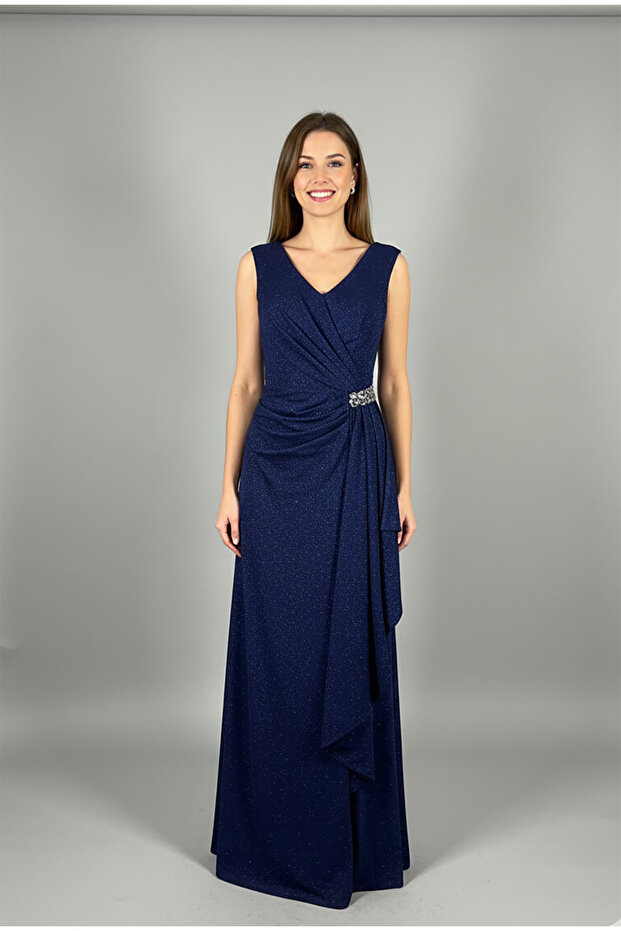 Taş detaylı drapeli elbise - 3