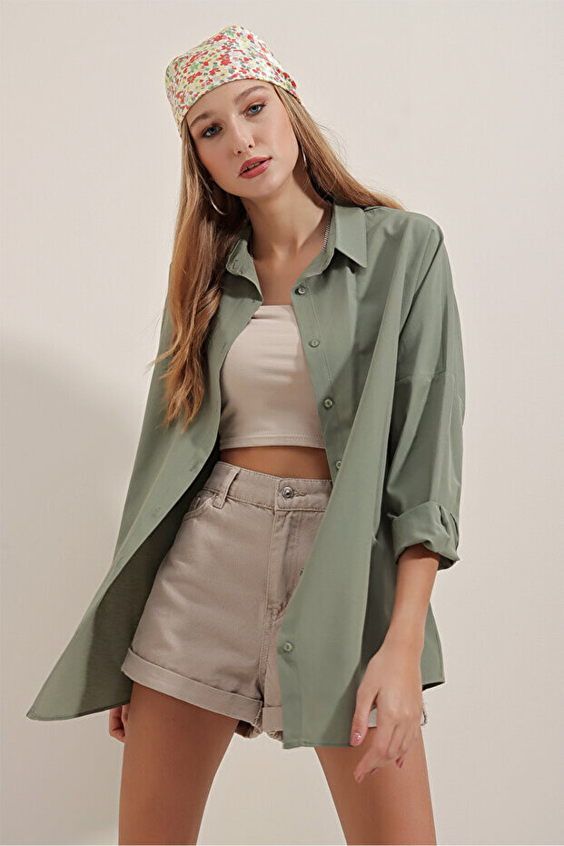 Kadın Haki Oversize Uzun Basic Gömlek - 2