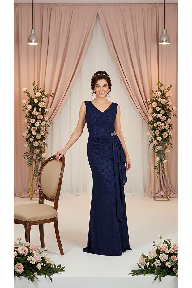 Taş detaylı drapeli elbise - 1