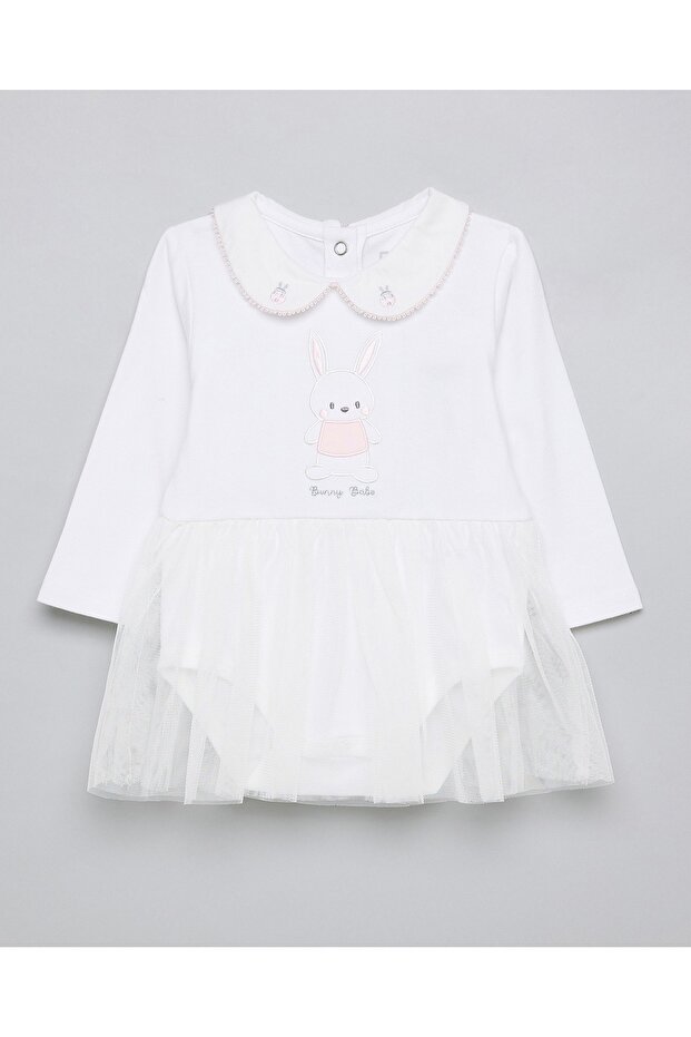Appliqued Bodysuit Dress with Peter Pan Collar and Long Sleeves