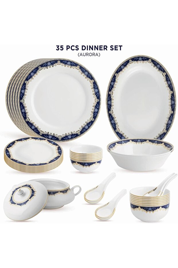 Aurora Collection 35 Pcs Dinner Set Real Gold Plated