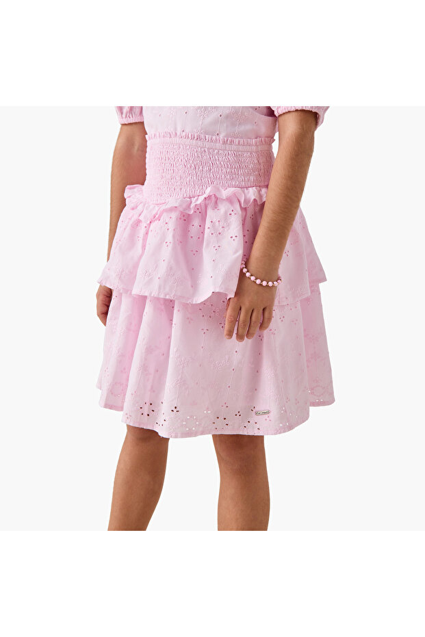 Schiffli Textured Tiered Skirt with Smocked Detail