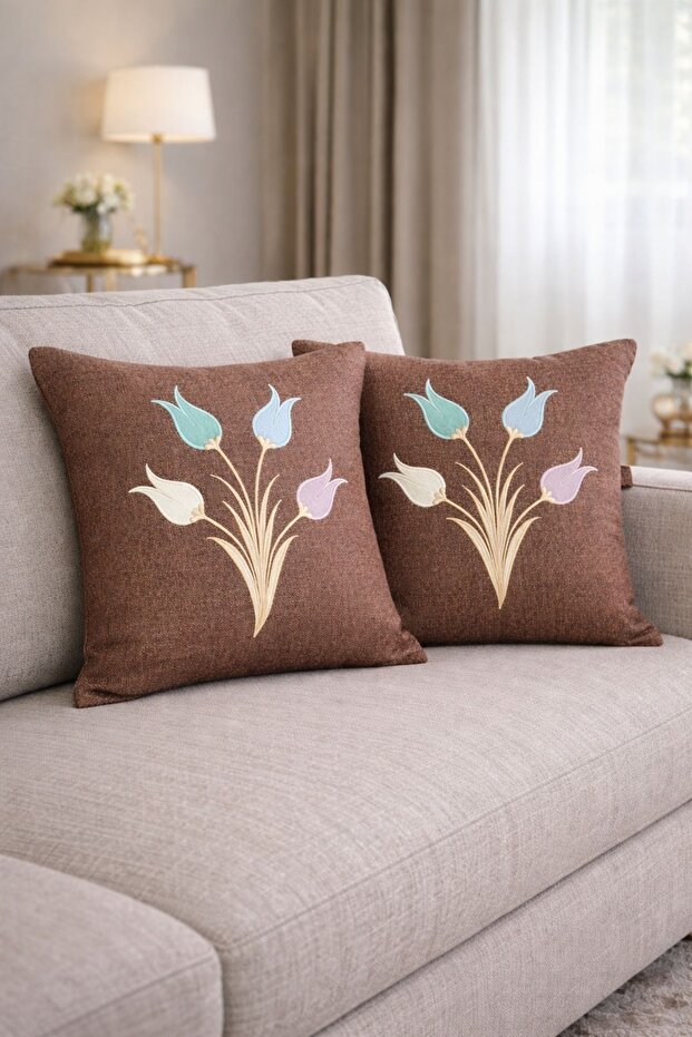 Embroidered Tulip Sconce 2-Piece Throw Pillow Cover Brown Color