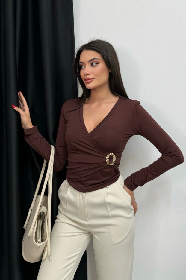 Women's V-Neck Blouse with Buckle Detail at the Waist
