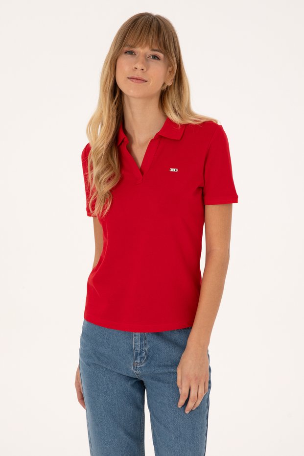 Women's Red Polo Collar T-Shirt 50320032-Vr030