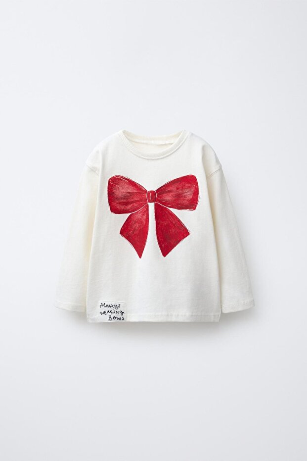 Girl's Cotton Ecru Bow Printed Long Sleeve T-Shirt
