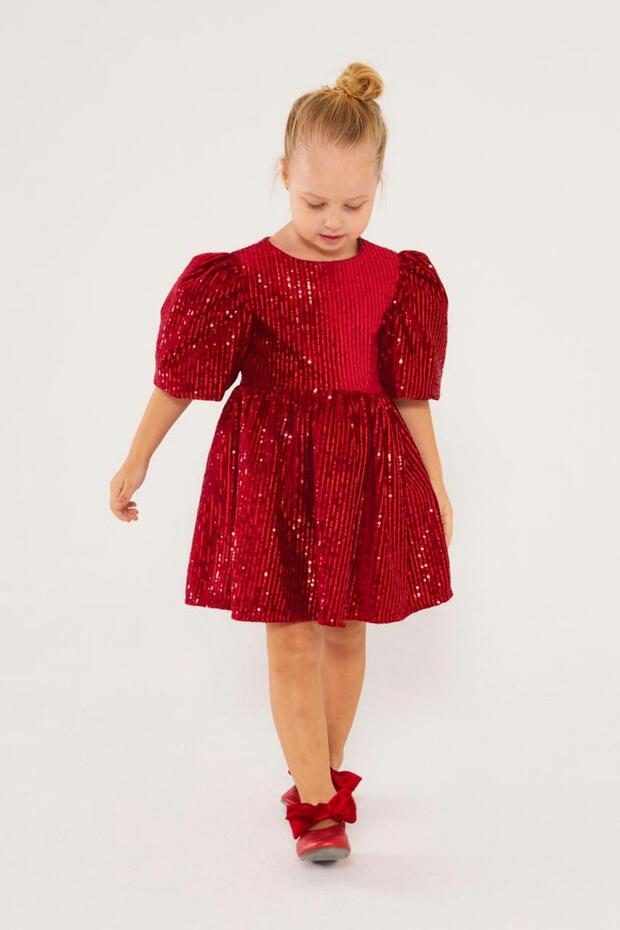 Pullu Balon Kol Kız Çocuk Elbise - 1