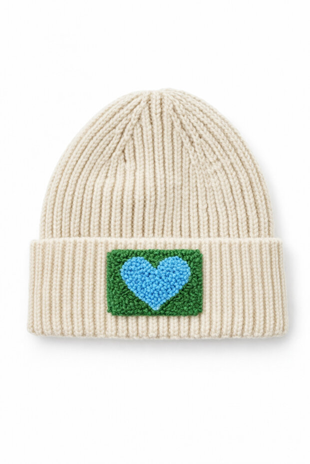 Cream Wool Beret Blue Green Heart Punch Luxury Hat