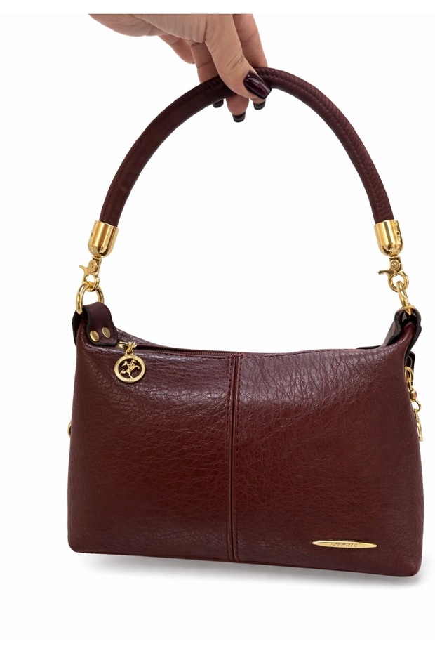 Women's Burgundy Bag – Shoulder Bag with Gold Accessory Detail