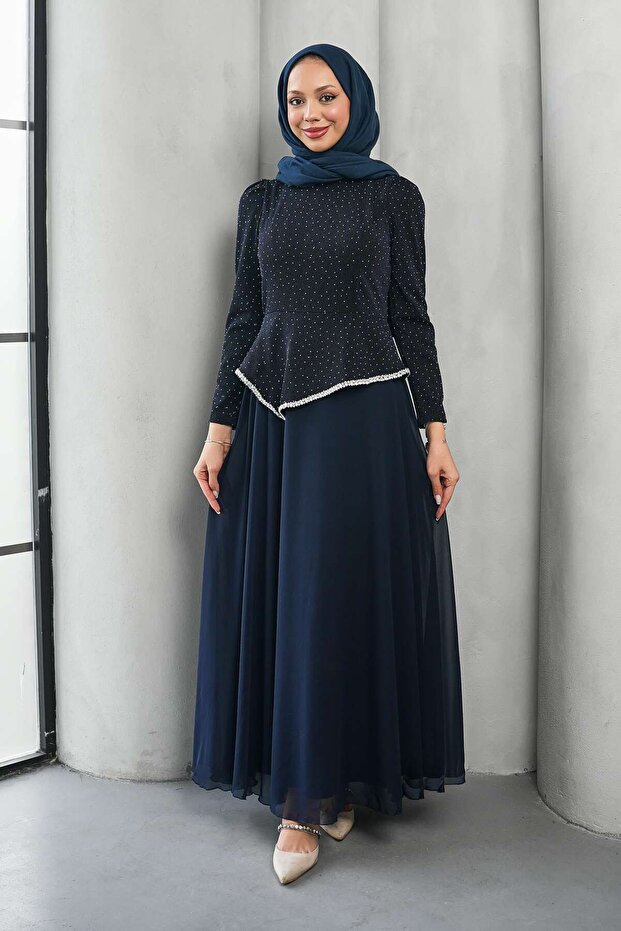 Navy Blue Stone Detailed Design Evening Dress