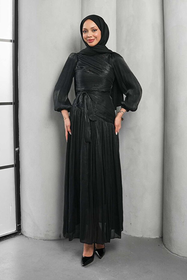 Black Draped Pleated Evening Dress