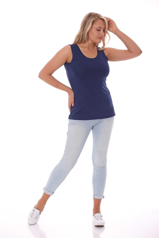 Plus size wide strap basic indigo blouse (t-shirt) - 4