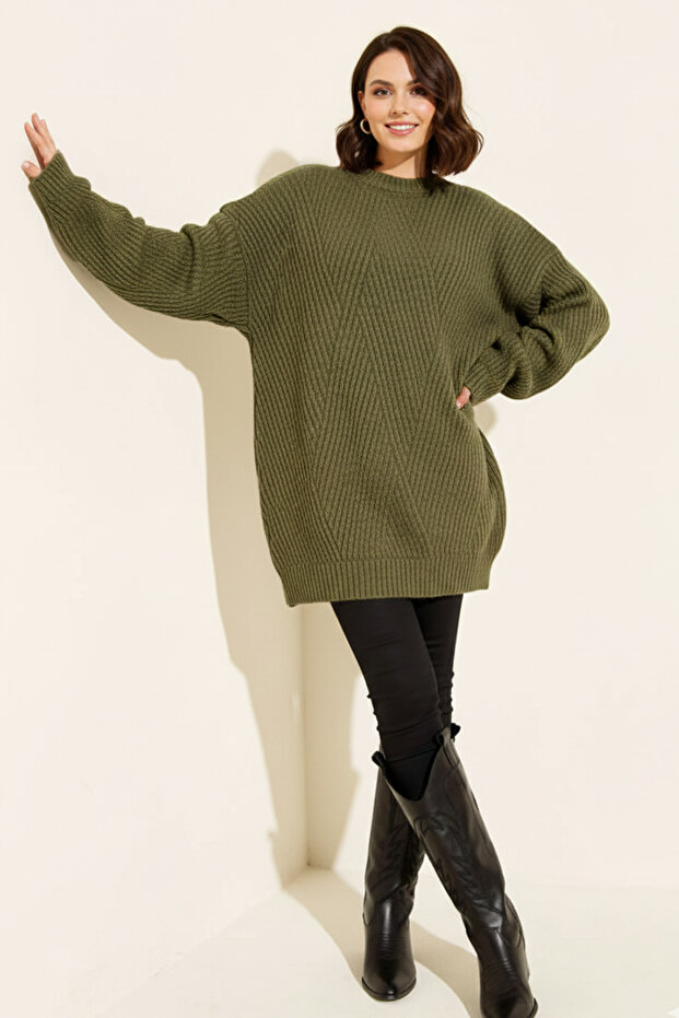 Self-Patterned Knitwear Tunic R4444 Khaki
