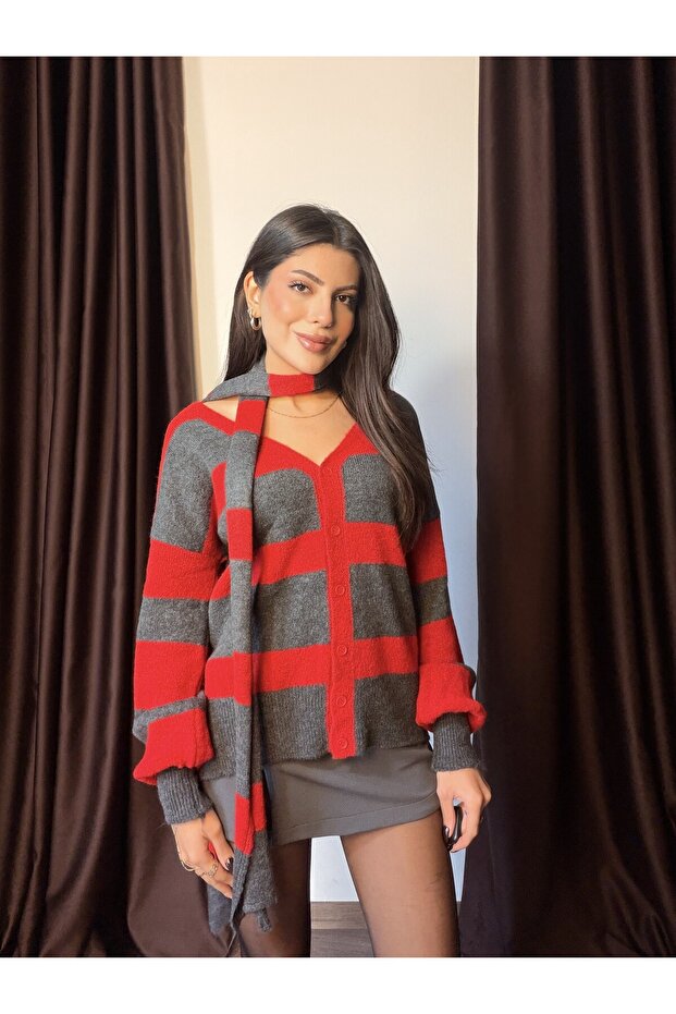 Women's Red Scarf Striped V-Neck Cardigan