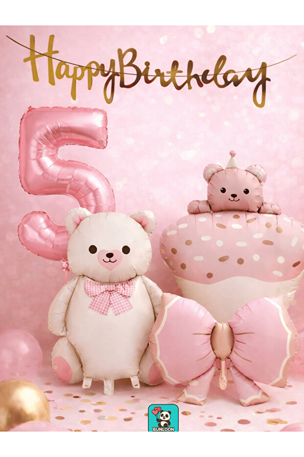 Pink Teddy Bear Themed 5Th Birthday Foil Balloon Set Party Decoration
