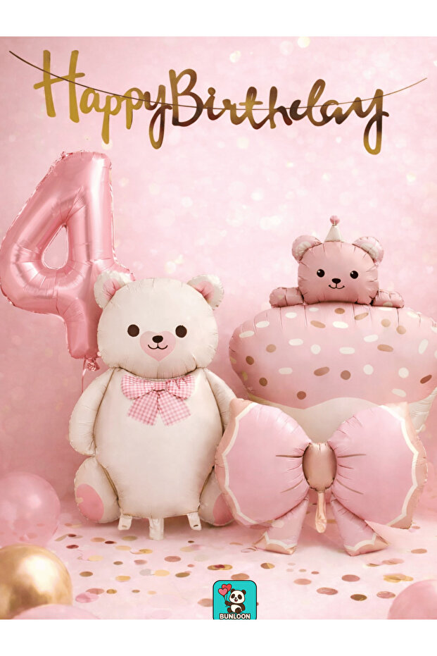 Pink Teddy Bear Themed 4Th Birthday Foil Balloon Set Party Decoration