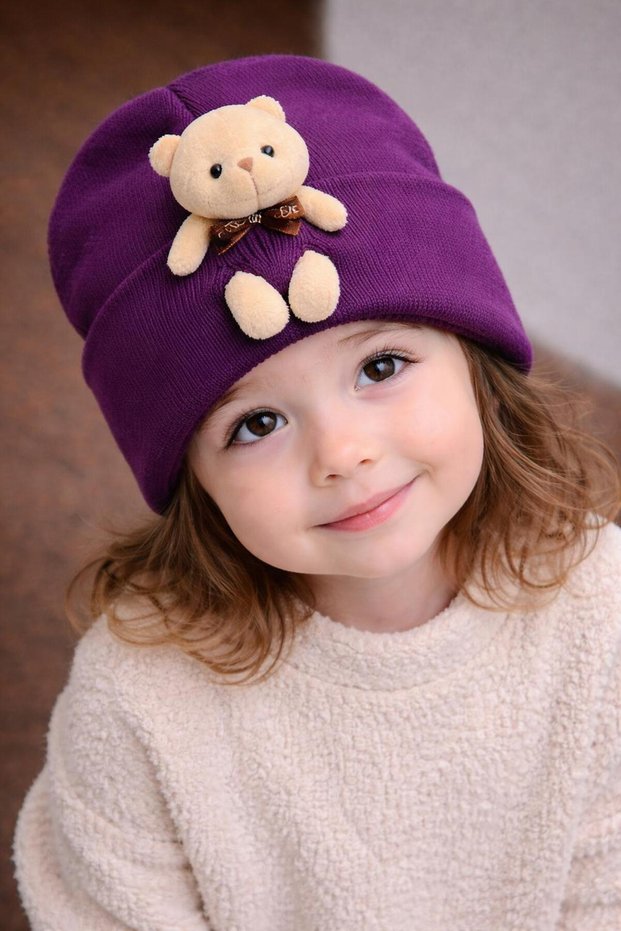 Children's Hat Stretchy Ribbed Beanie Plush Teddy Bear Detail Adult Boys Girls Unisex Bear Hat Beanie