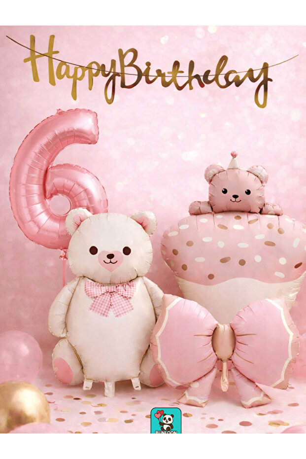 Pink Teddy Bear Themed 6Th Birthday Foil Balloon Set Party Decoration