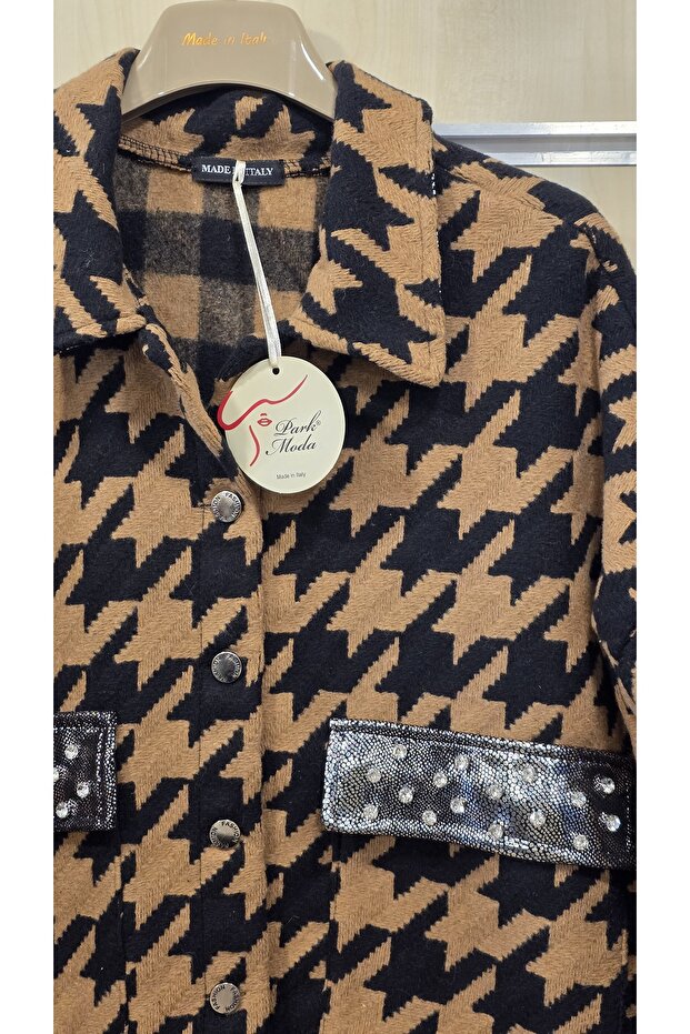 Jacket with Houndstooth Pattern and Stone Accessories - 4