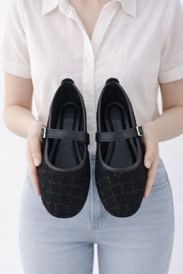 Black Tweed Fabric Mary Janes Ballet Flats Stylish Buckled Comfortable Sole Daily Shoes BYNDLCK01