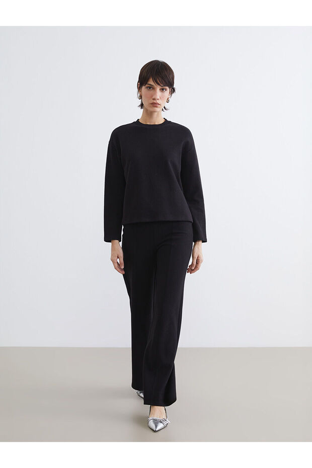 Black Elastic Waist Wide Leg Women's Trousers