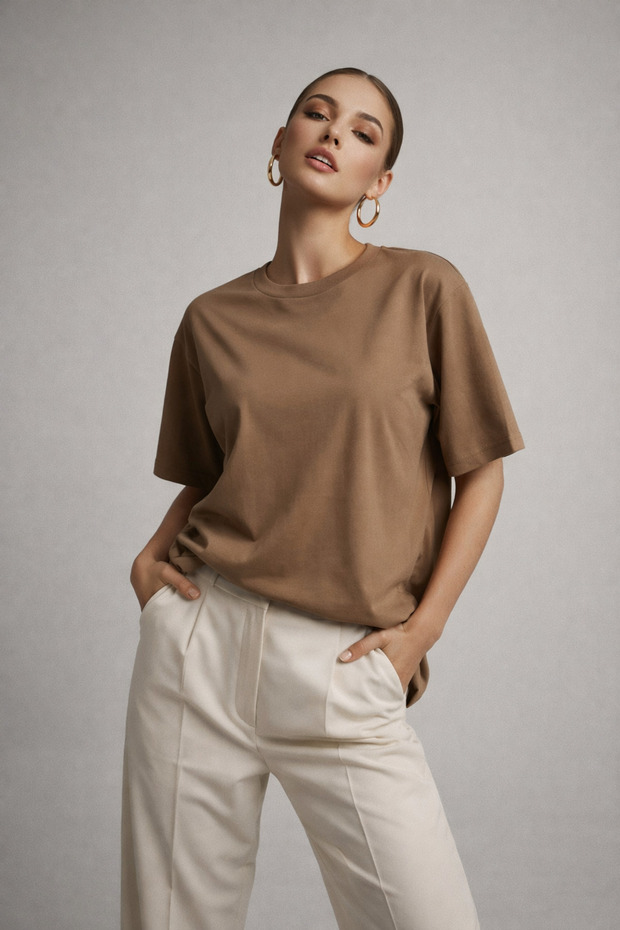 Women's Brown 100% Cotton Oversized Basic T-Shirt – Relaxed Fit Relaxed Crew Neck T-Shirt