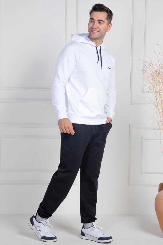Mecit 2975 White 100% Cotton Hooded Sports Model Large Size Men's Pajamas Set