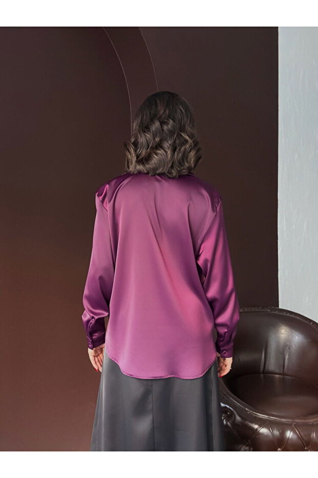 Tek Cep Detaylı Saten Gömlek - 5