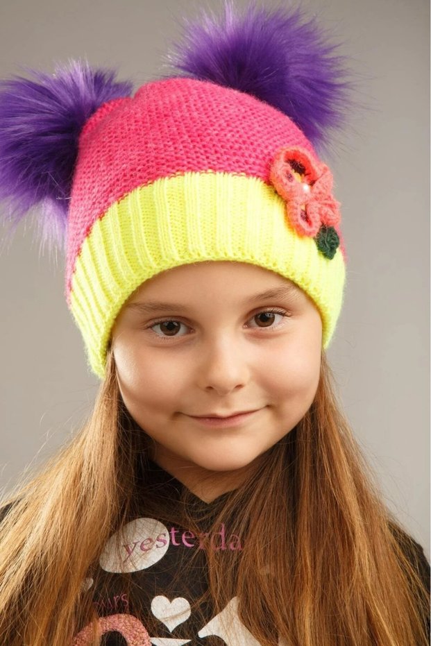 Girl's Pompom Knitted Beanie – Winter, Soft Textured, Colorful