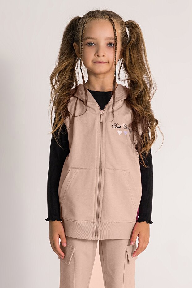 Kalp Printed Girl's Hooded Transitional Vest