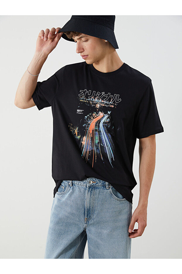 Lcwaikiki Classic Black Crew Neck Printed Combed Cotton Men's T-Shirt