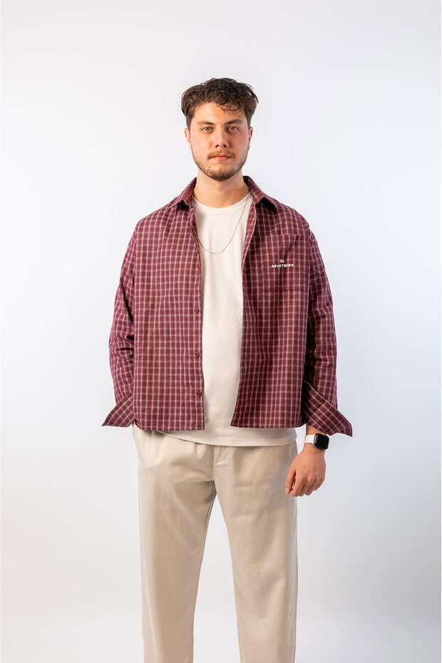 Kareli Bordo Keten Gömlek - 4