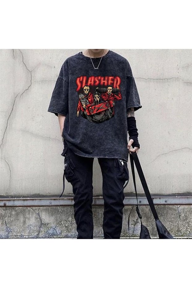 Washable Red Slasher Printed Unisex Oversized Vintage T-Shirt