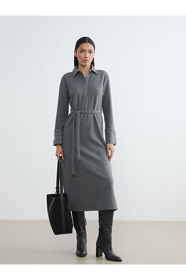 Lcw Everyday Gray Polo Collar Belted Dress