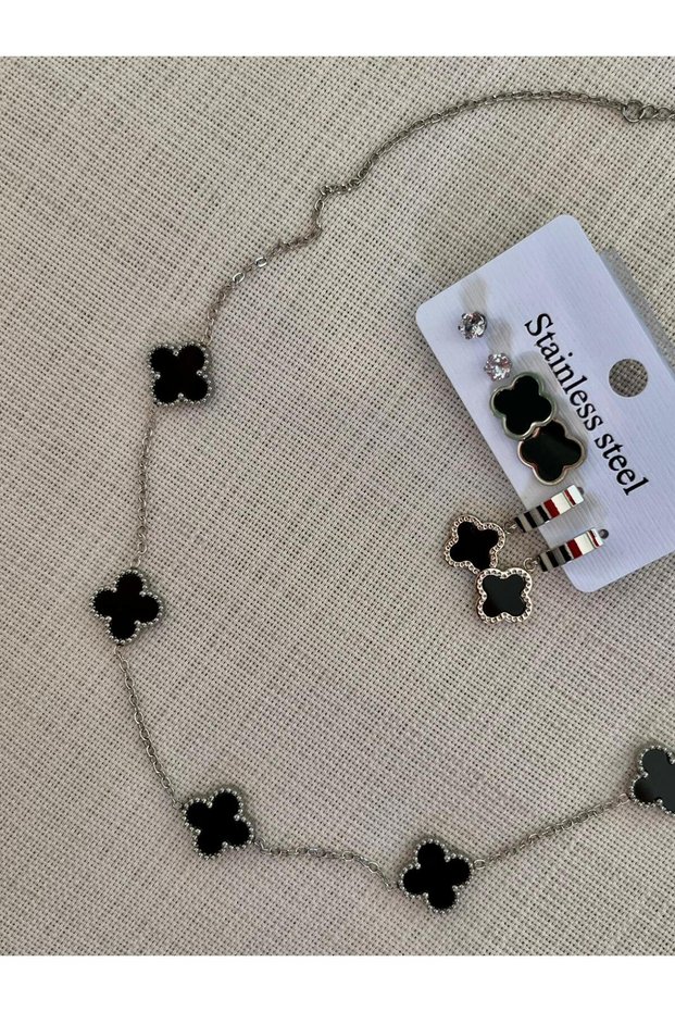 2-Piece Steel Clover Necklace & Earring Set | Black Enamel Clover Necklace & Black Enamel Silver Color Earrings