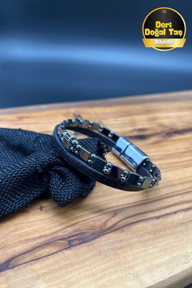 Black Anchor | Leather Bracelet & Hematite Natural Stone Double Row Men's Bracelet Design Bracelet