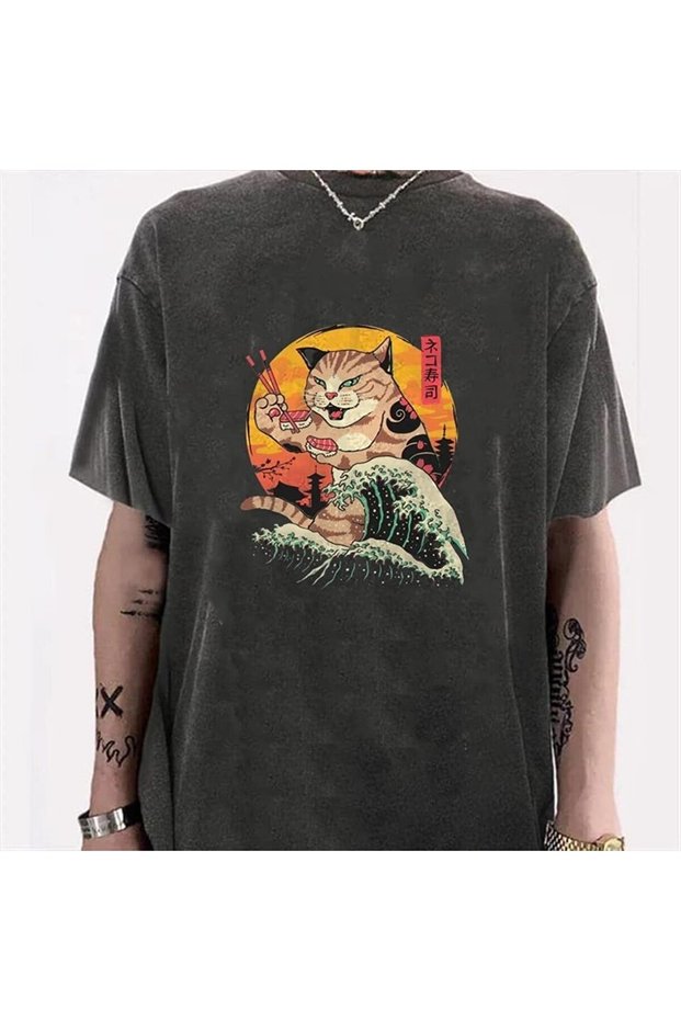 Washable Artist Cat Printed Unisex Oversized Vintage T-Shirt