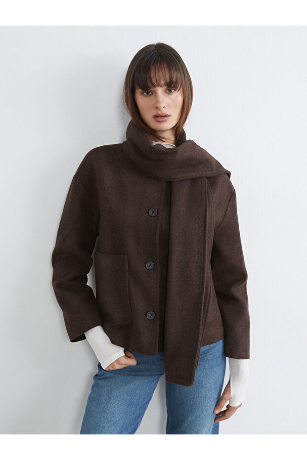 Brown wool blend women's checkered jacket with scarf