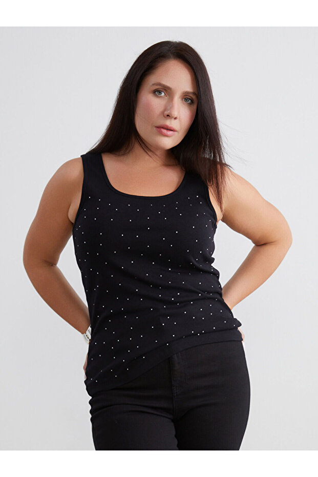 Black Plus Size U-Neck Rhinestone Women's Tank Top
