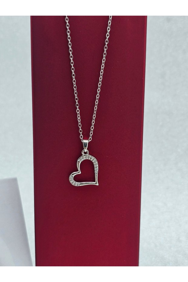 Heart Zircon Stone Steel Necklace Silver Color
