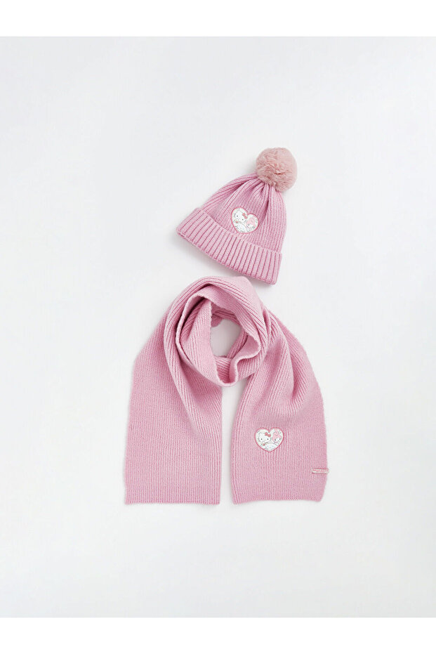 Lcw Accessories Pink Embroidered Girl's Scarf and Beanie