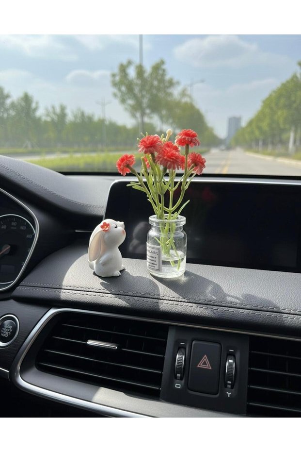 Cute Mini Rabbit and Red Flower Vase Miniature Car Glove Box Accessory Home Decoration Ornament
