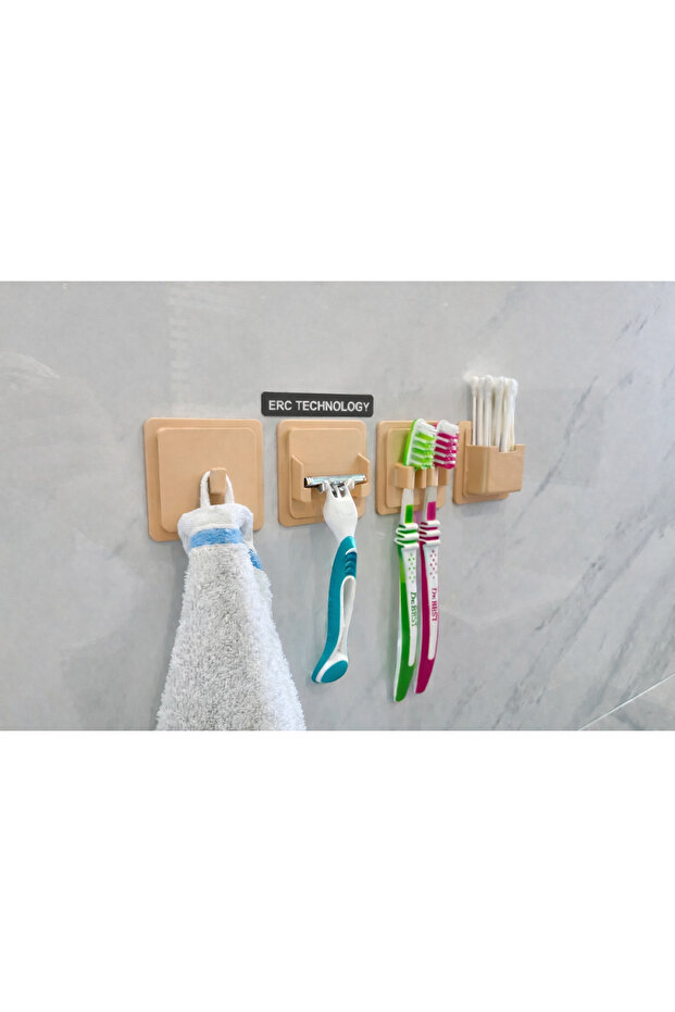 Adhesive Bathroom Hanger Set – Towel, Razor, Toothbrush and Cotton Swab Wall Mount (No Drilling)
