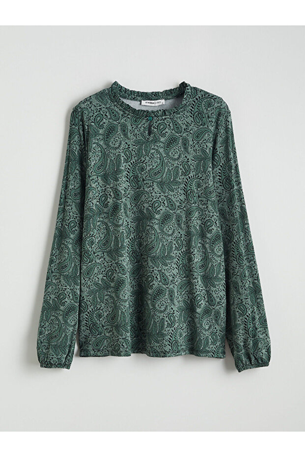 Ruffled Stand Collar Patterned Blouse - 5