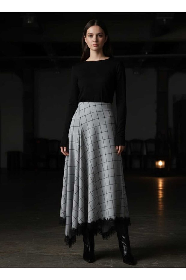 A Quality Women's Plaid Skirt with Lace Detail and Asymmetrical Look