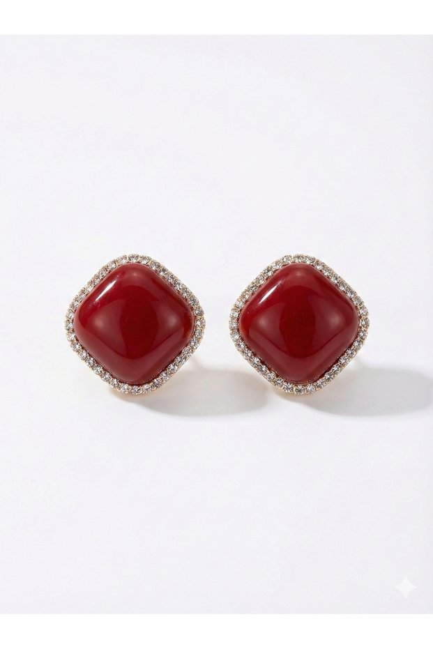 Gold Women's Earrings with Burgundy Stone Detail | Silver Needle | Special Boxed