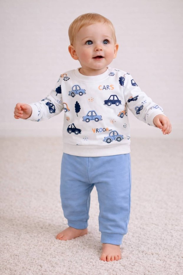 Lower Upper Set Baby Boy Set with Snap Fasteners 2-Piece Set with Straps Cars Double Set 6-9-12 Months